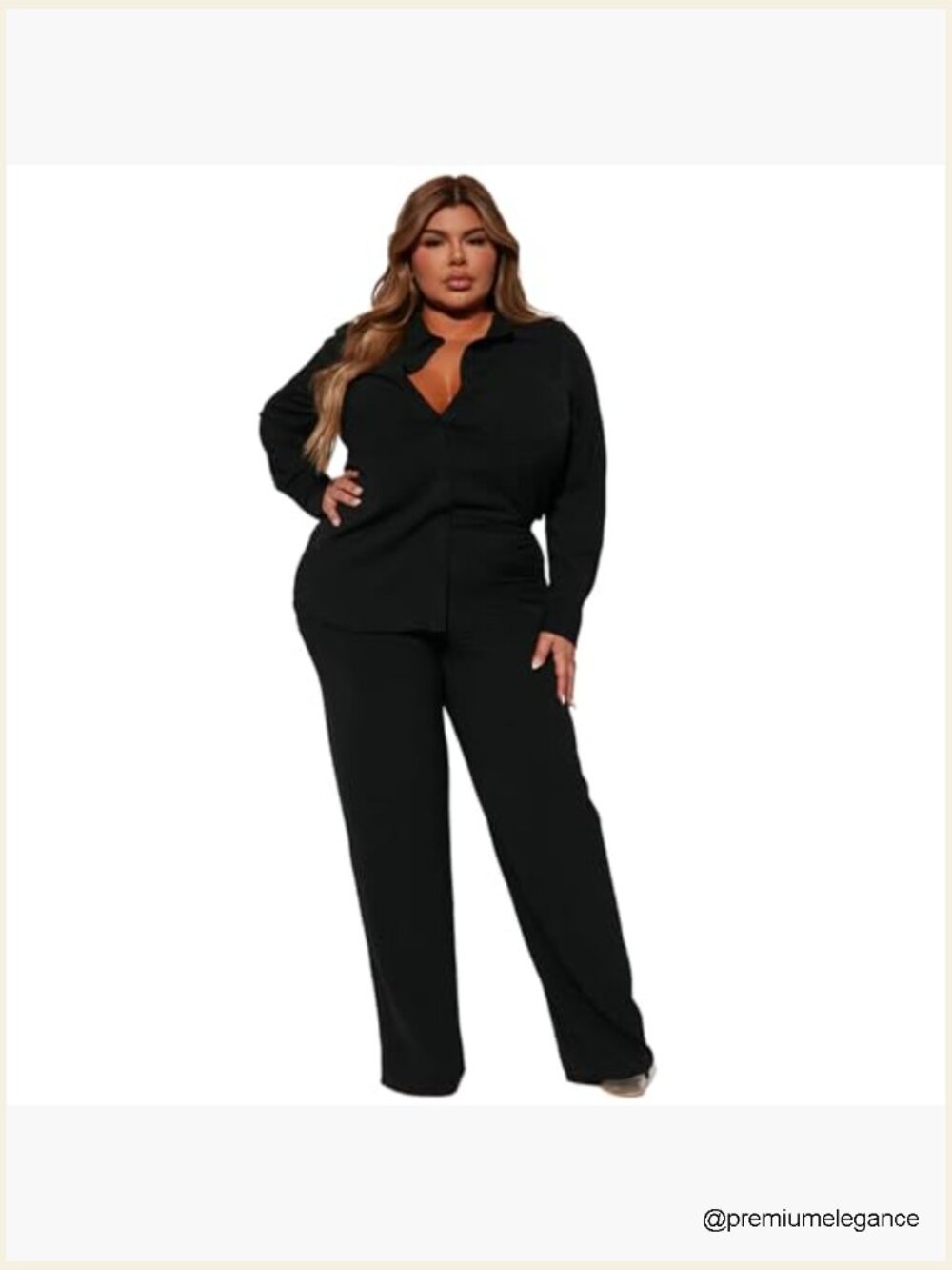 Business Casual 2 Piece Outfit - Long Sleeve Button Down Shirt and Wide Leg - Picture 7 of 7